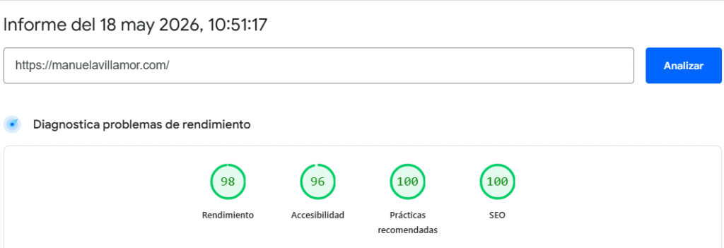 resumen de pagespeed de manuelavillamor.com