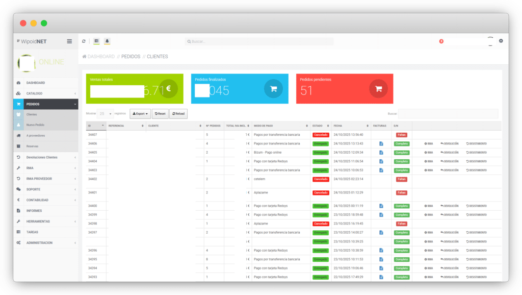 Pedidos de cliente - intranet Wipoid