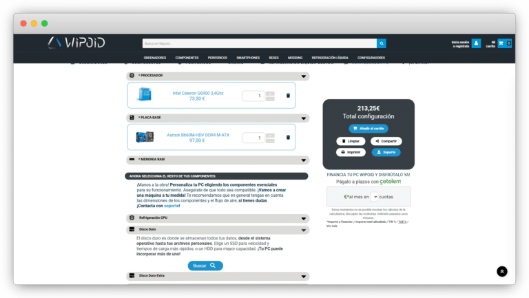 Configurador de presupuestos a medida - vista principal