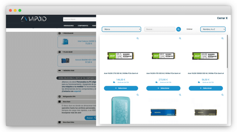 Configurador de presupuestos a medida - selector de componente