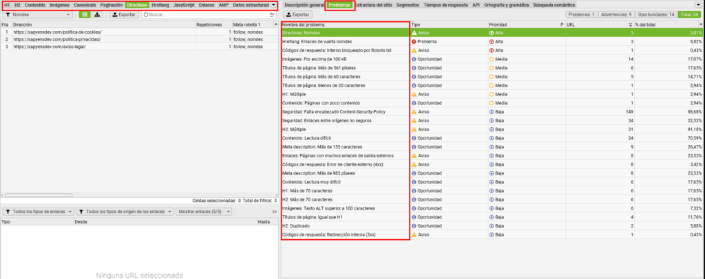 Interfaz de Screaming Frog SEO Spider tras un rastreo completo: lista de URLs con códigos de respuesta y estado de indexabilidad, y panel lateral con resumen de 151 URLs encontradas distribuidas por tipo de contenido.
