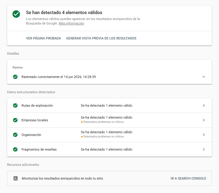 Rich Results Test de Google mostrando 4 elementos de schema válidos: Rutas de exploración, Empresas locales, Organización y Fragmentos de reseñas