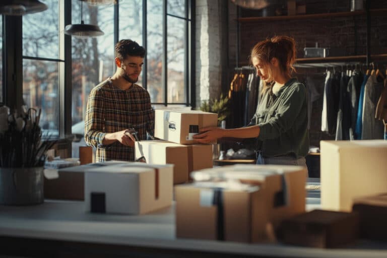 Emprendedores preparando pedidos de una tienda online con cajas y ordenador
