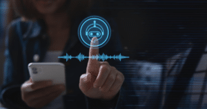 Mujer con un móvil toca el icono luminoso de un chatbot sobre una onda de voz